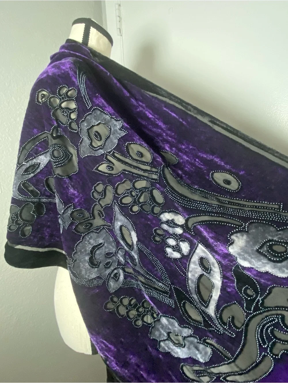 Vintage Purple & Black Velvet Floral Sheer Panel Fringe Scarf